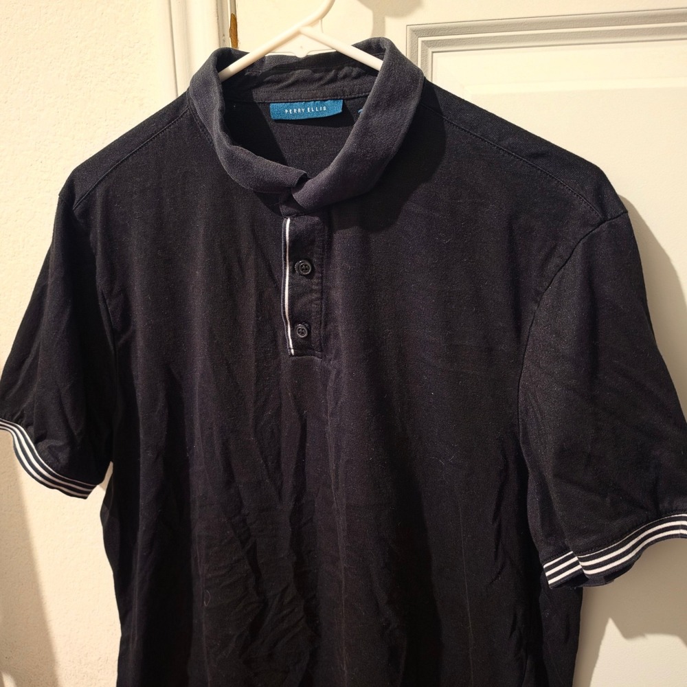 Perry Ellis Mens Black Short Sleeve Polo Shirt Tipped Cuffs Size Large